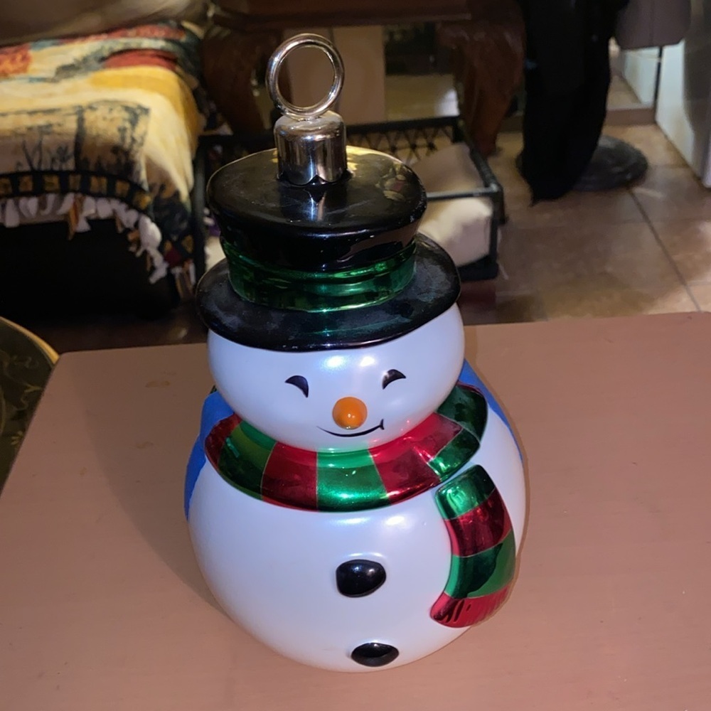 Vintage TELEFLORA Gift SNOWMAN ornament COOKIE Jar Christmas Canister Candy Bowl - Picture 2 of 4
